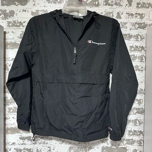 Champion Black Hooded Windbreaker with Logo Trim